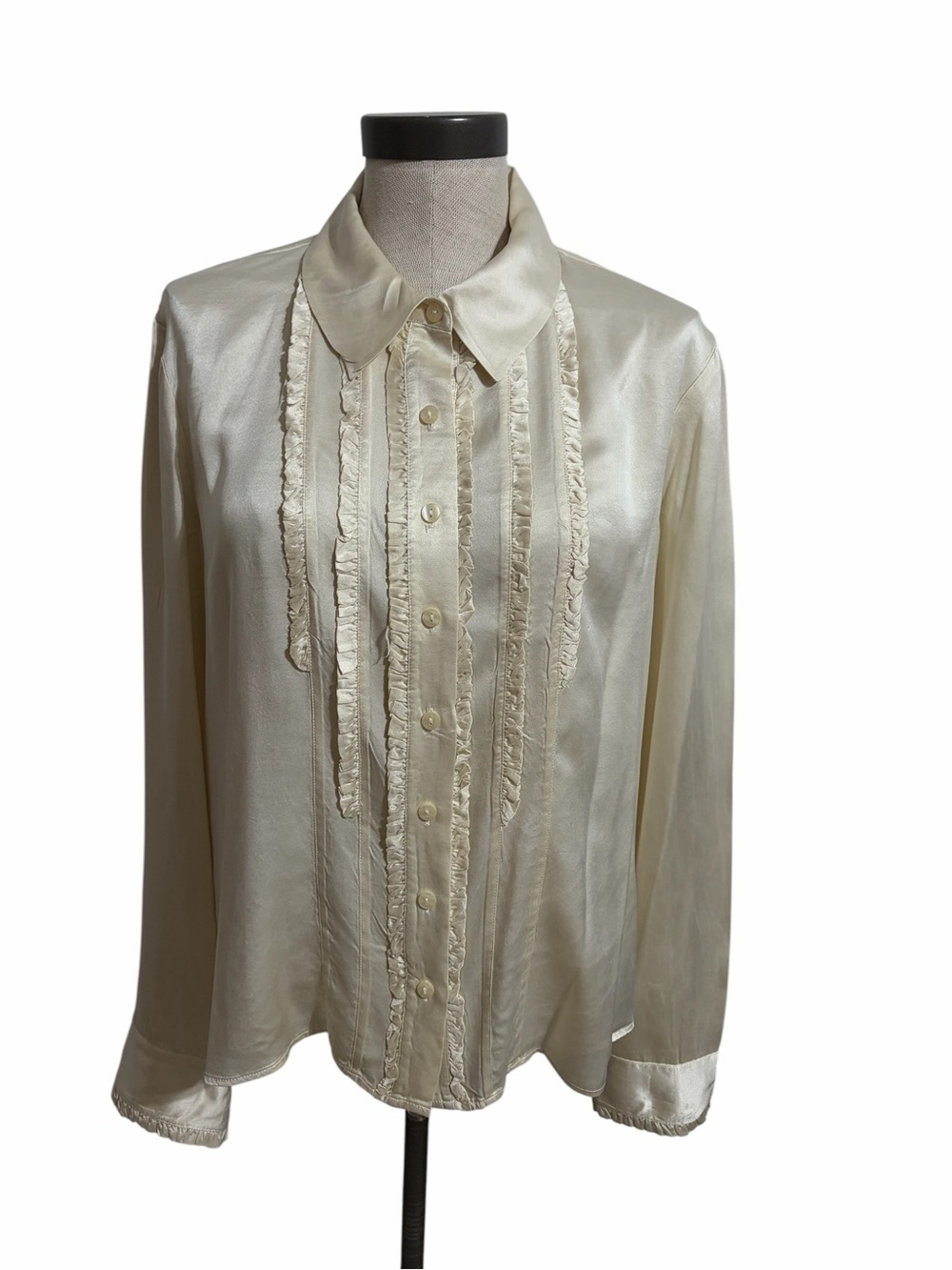 Kate Hill Cream Silk Ruffle-Trim Button Down Shirt